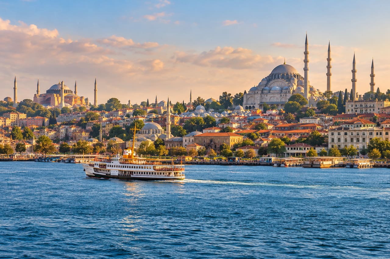 Historic mosques and a passenger ferry on the Bosphorus in Istanbul