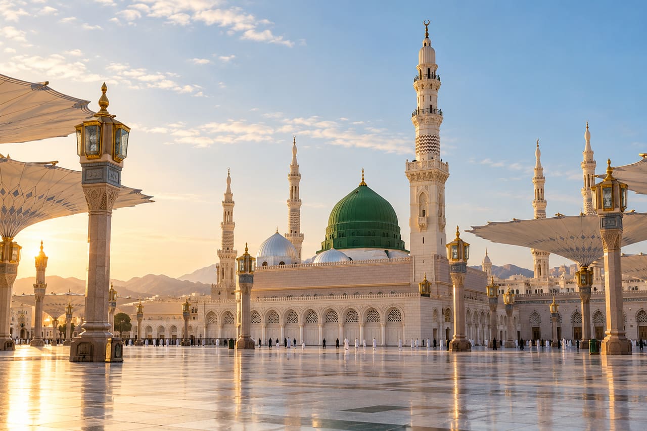 The Green Dome, minarets and courtyard umbrellas of Al-Masjid an-Nabawi in Madinah