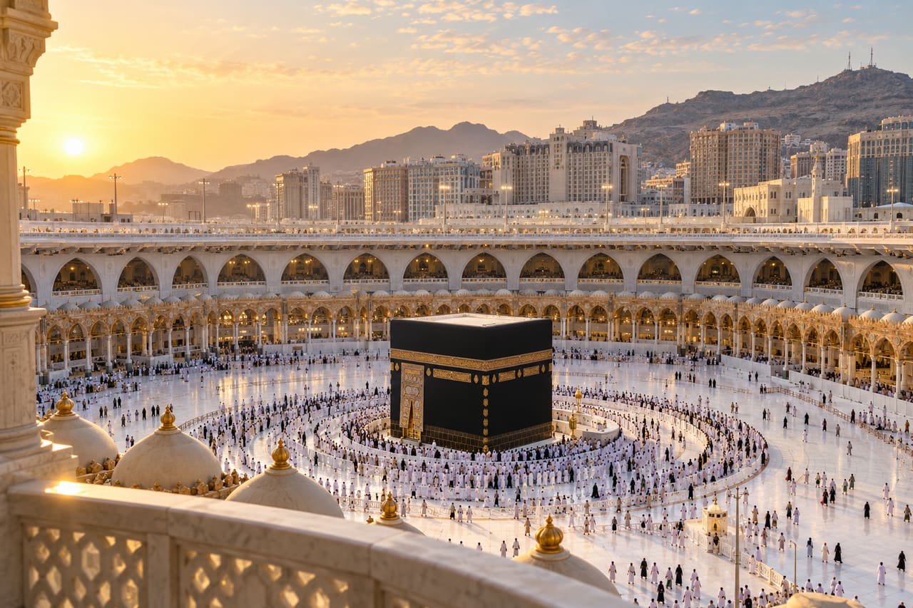 Morning light over the Kaaba in the courtyard of Masjid al-Haram in Makkah