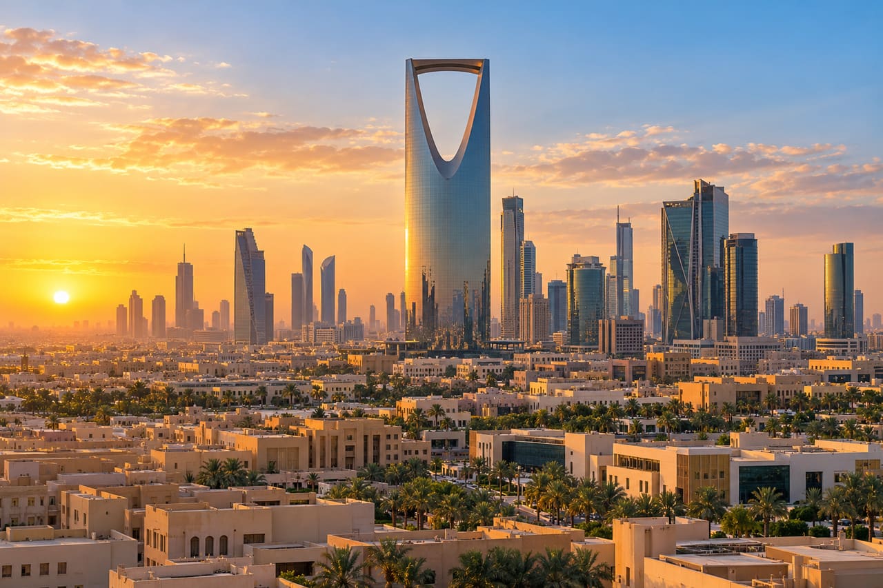 Riyadh skyline with Kingdom Centre in warm evening light