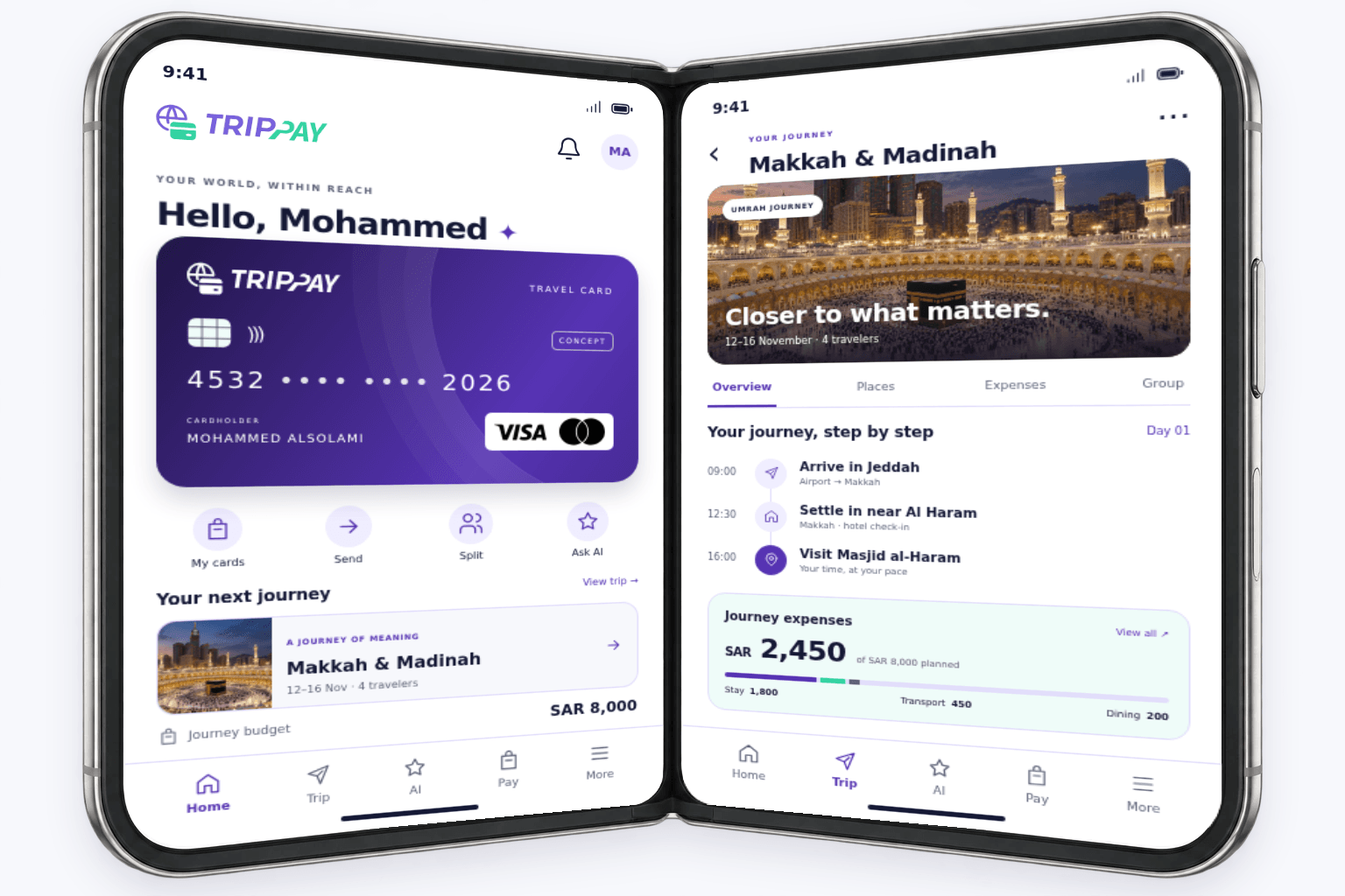 TripPay Home with Mohammed Alsolami’s sample travel card, beside a Makkah journey with itinerary and SAR 2,450 in expenses.
