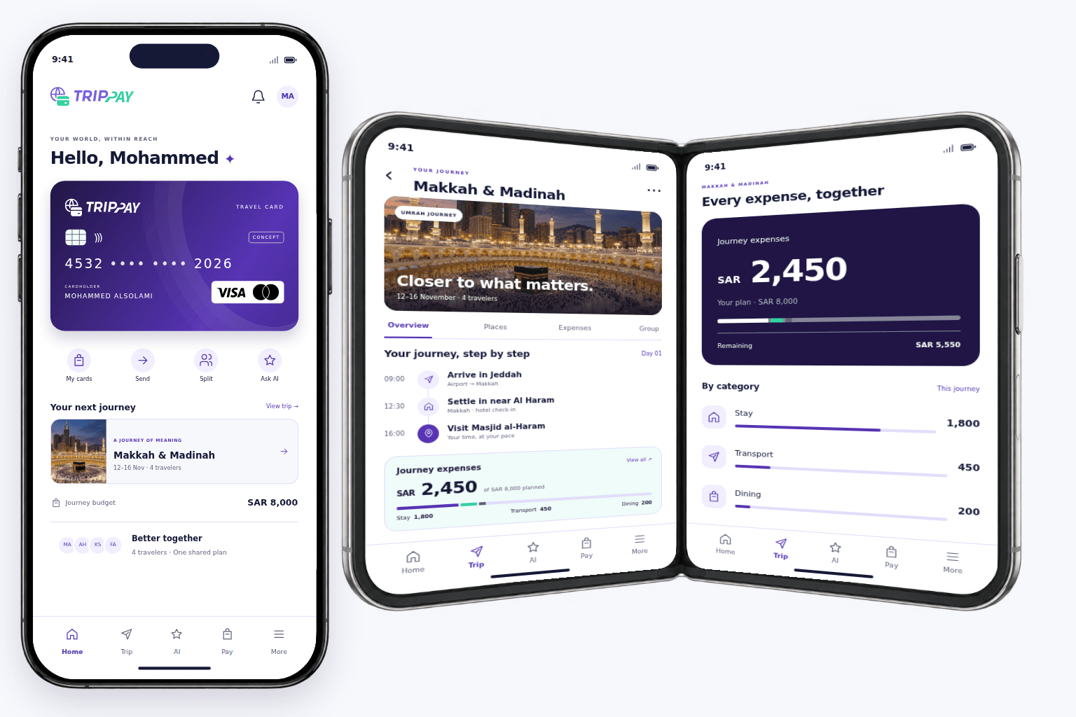 TripPay Home on iPhone Pro, alongside a Makkah journey and its expense breakdown on iPhone Duo.